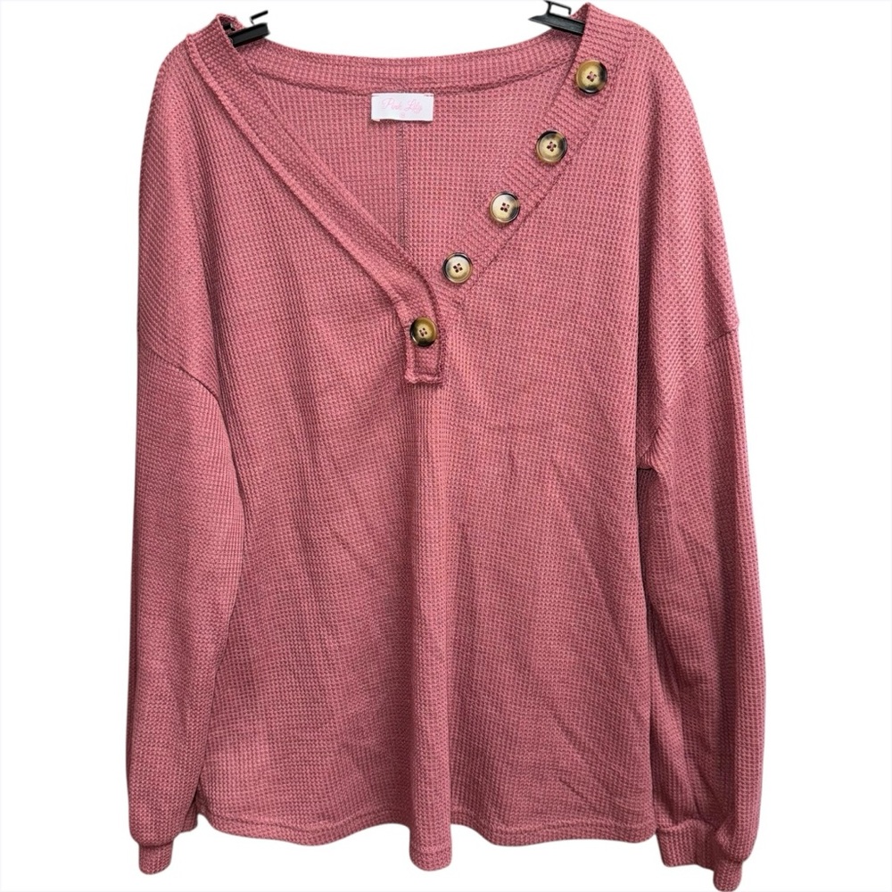 Pink Lily Dusty Rose Waffle Knit Long Sleeve V Neck Button Detail Top Womens M